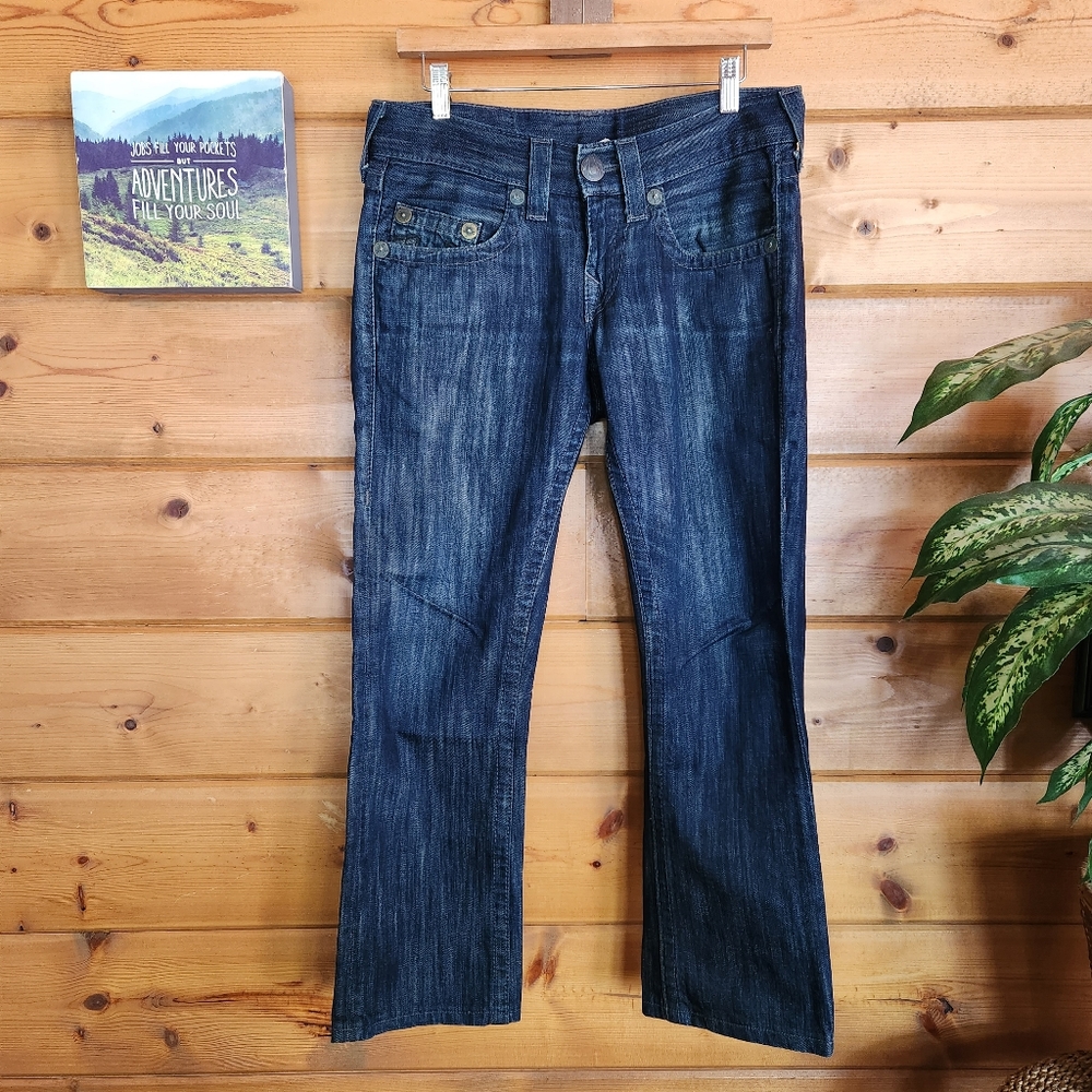 True Religion 💙 Bobby Dark Wash Straight Denim Jeans Black Leather Logo 28 X28"